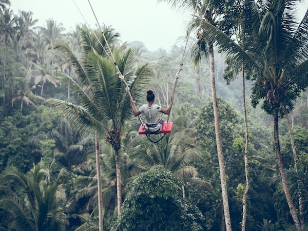 a man riding a zip line in the middle of a forest.