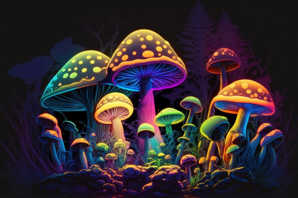 a painting of a group of mushrooms in a forest.